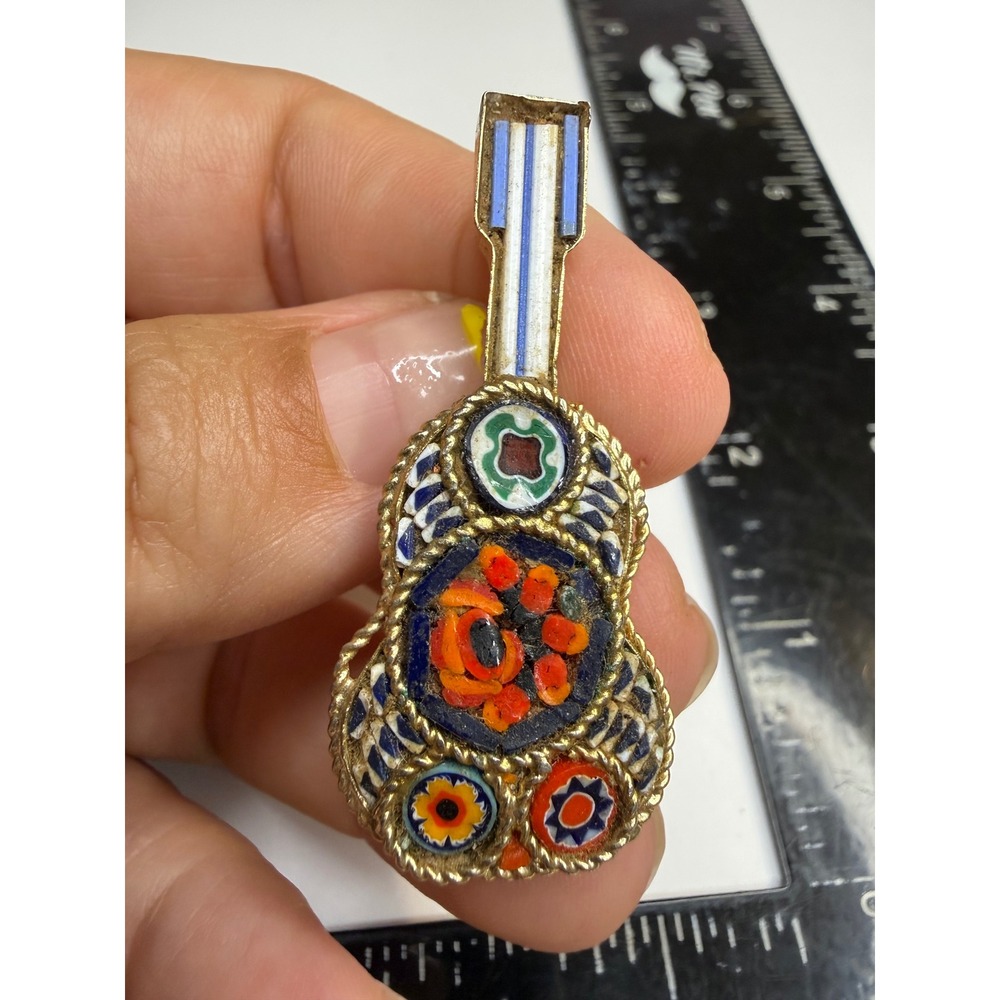 Vintage Micro Mosaic Guitar Brooch Gold Tone Italian Floral Glass Pin